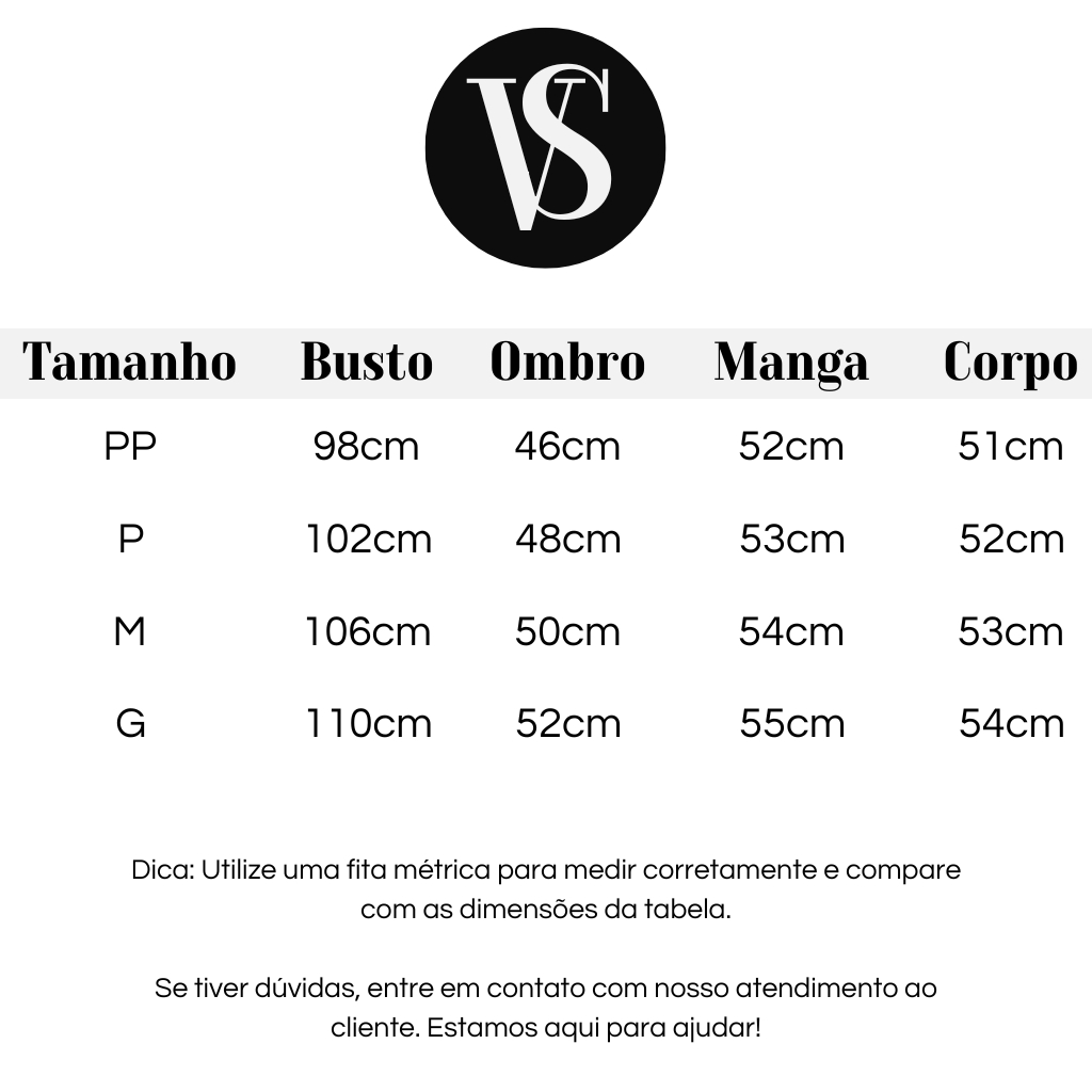 Jaqueta Corta Vento Tabela de Medidas